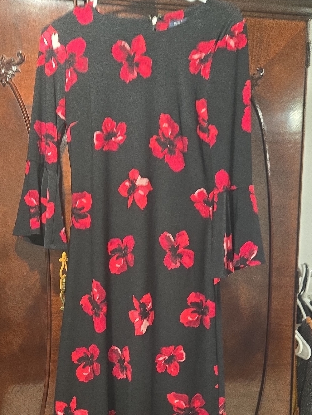 Black Long-Sleeve Dress with Red Floral Print